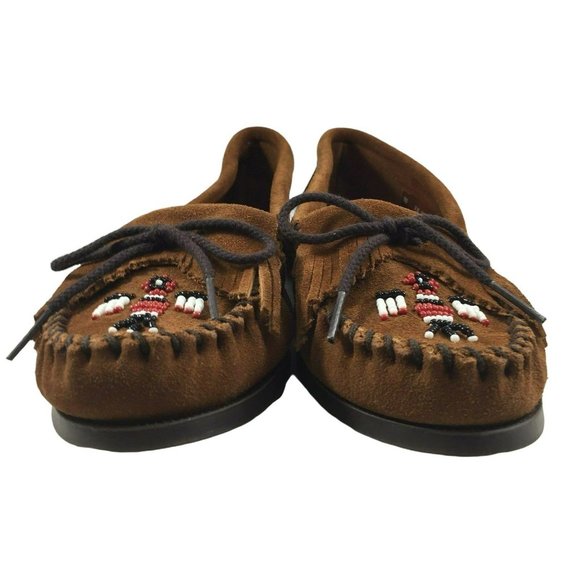 Minnetonka Leather Flats Moccasins Women 7.5 Beaded Brown Slip On Stitched Shoes - Picture 12 of 12